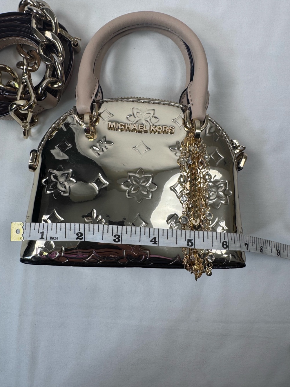 Michael Kors Mini Metallic Gold Crossbody Satchel Bag Tassel - Picture 6 of 12